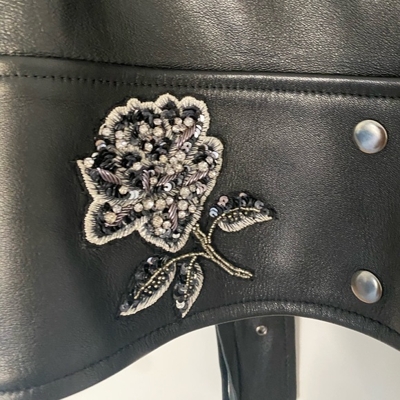 Nicole Miller Embellished Rose Moto Leather Jacket - Picture 4 of 5